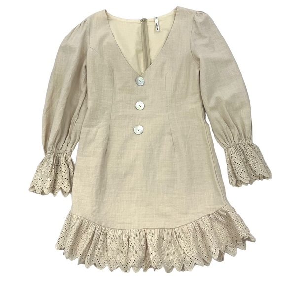 INDIKAH by Angel Biba Nude Low Cut U-neck Ruffle Linen Blend Mini Dress Medium - Picture 6 of 14